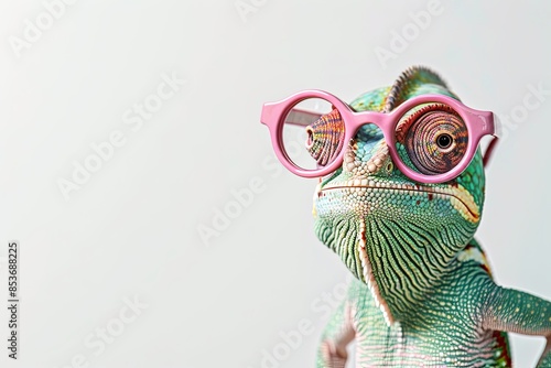 A creative composition featuring a chameleon in chic pink glasses, against a minimalist white background. photo
