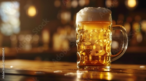 A frothy mug of beer, the golden liquid glistening under the bar's lights.