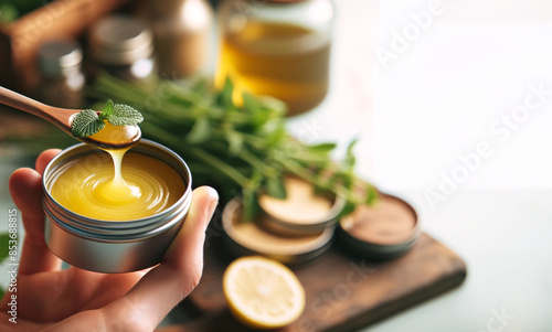 DIY Lemon Balm Being Scooped from Tin photo