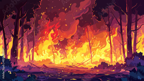Cartoon Intense Wildfire Engulfing a Forest background Raging Flames Blazing Burning Trees Smoky Sky Environmental Disaster Fiery Landscape Devastating Firestorm Nature Catastrophe