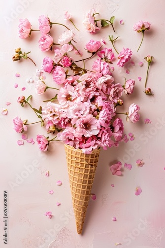 flat lay photo of an ice cream cone with lots of pink flowers spilling out, on a light background, in a valentines day theme