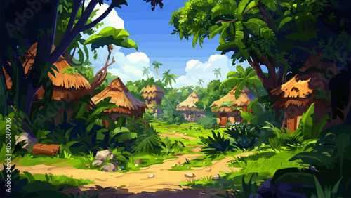 Cartoon jungle village with Indian huts with thatched roofs. Jungle Village Tribal Huts Indigenous Architecture Rainforest Community Tropical Habitat Exotic Dwellings Cultural