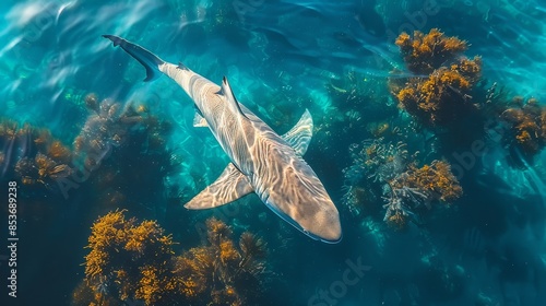 Fototapeta Naklejka Na Ścianę i Meble -  A stunning photo of a shark gracefully swimming above a vibrant coral reef underwater