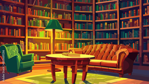 Cartoon Library interior with table green table lamp, bookcases and a brown leather sofa background. Reading Nook Book Lovers Haven Cozy Reading Space Study Room Literary
