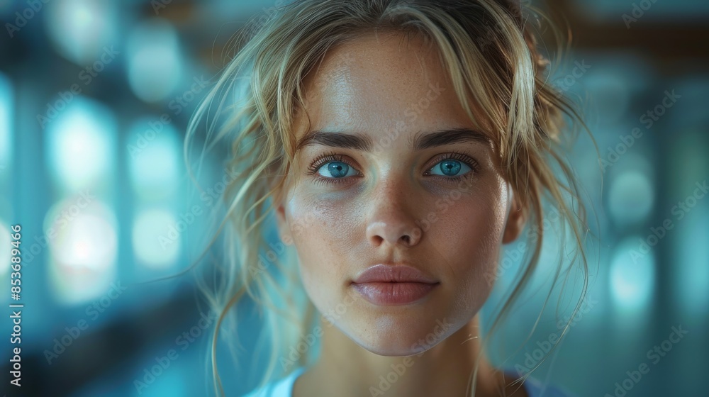 A captivating close-up of a woman with striking blue eyes that seem to tell a story of their own A captivating close-up of a woman with striking blue eyes that seem to tell a story of their own