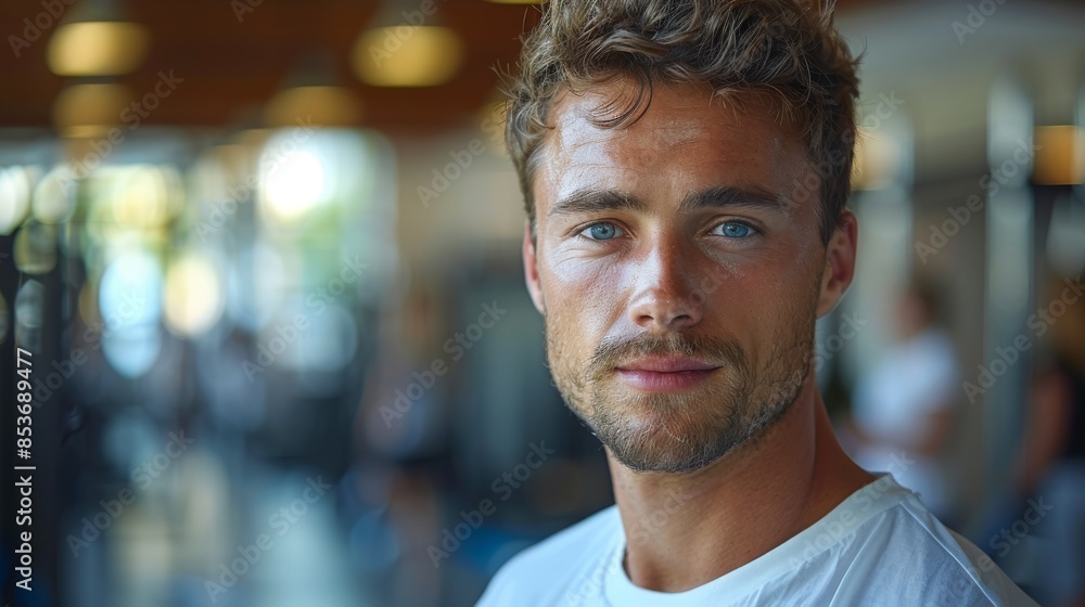 A handsome man pauses for a contemplative moment in the gym, his expression thoughtful and determined A handsome man pauses for a contemplative moment in the gym, his expression thoughtful and determined