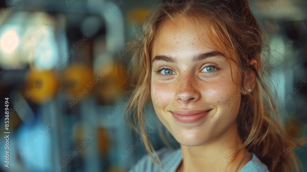 A portrait of a smiling young woman in a gym, representing health and active lifestyle with a positive attitude A portrait of a smiling young woman in a gym, representing health and active lifestyle with a positive attitude