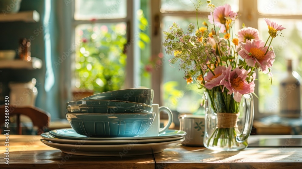Lovely dishes and a bouquet on the kitchen table Lovely dishes and a bouquet on the kitchen table