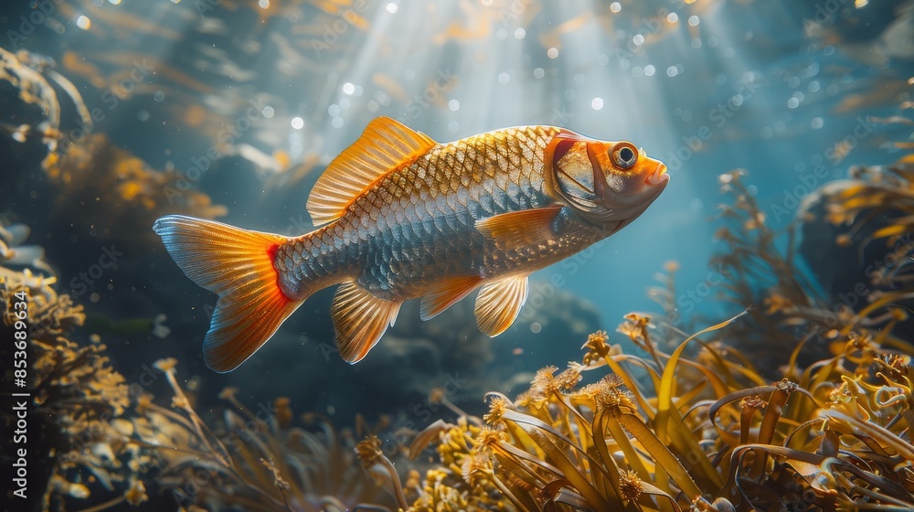 Naklejka premium A sparkling goldfish amongst golden-lit water plants showcases a serene underwater setting with gorgeous natural lighting effects