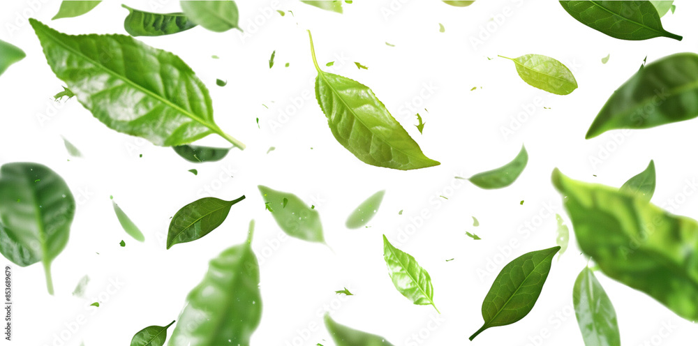 Fototapeta premium Green tea leaves flying in the air on white background