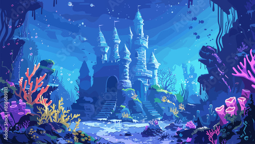 Cartoon magical underwater castle surrounded by coral and seaweed background. Underwater Fantasy Castle Marine Life Coral Reef Enchanted Kingdom Seaweed Ocean Depths Fairy Tale