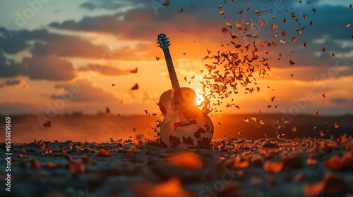Guitar on the beach at sunset with a beautiful orange sky and butterflies. photo