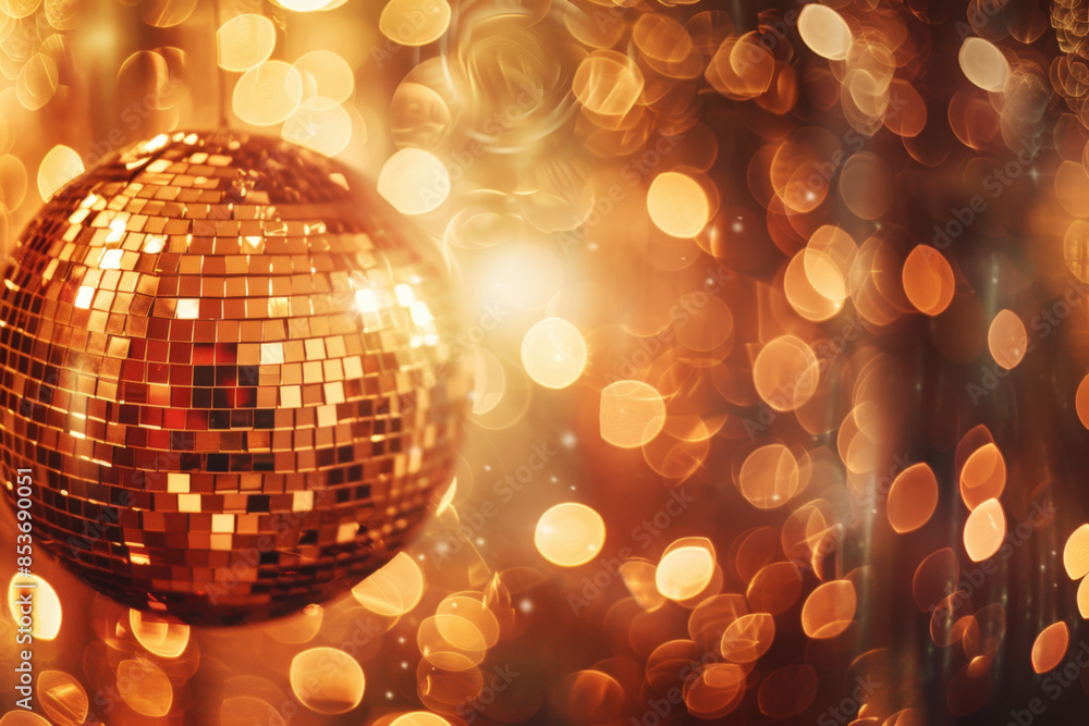 Disco ball is hanging down against a golden bokeh background, creating a festive mood Disco ball is hanging down against a golden bokeh background, creating a festive mood