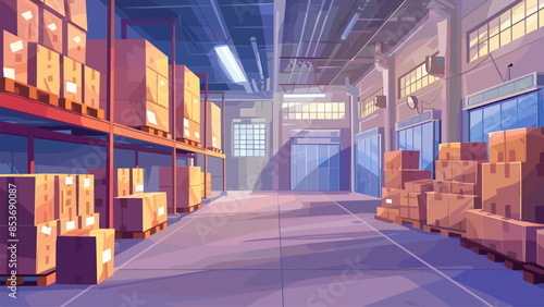 Cartoon modern logistics warehouse background. Efficient Warehouse Facility Contemporary Storage Center with Goods Organization Distribution Warehouse Interior