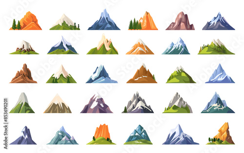 Cartoon Mountains Icons Set. Simple Vector Style White Background Mountain Range Peaks Nature Landscape Outdoor Adventure Scenery Hill Silhouettes Summit Illustrations Natural