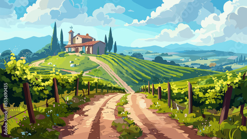Cartoon path between vineyards going to the hill on which the villa is built. The hills with vineyards can be seen in the background. Vineyard Path Countryside Scenery Wine Country