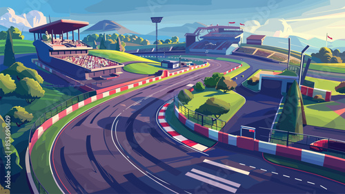 Cartoon race track with grandstands background. Motorsport Circuit Spectator Stands Racing Arena Pit Lane Speed Track Exciting Competition Vibrant Atmosphere Cheerful High-Speed