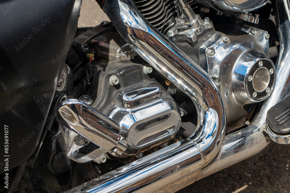 motorcycle engine is shown with a chrome finish motorcycle engine is shown with a chrome finish