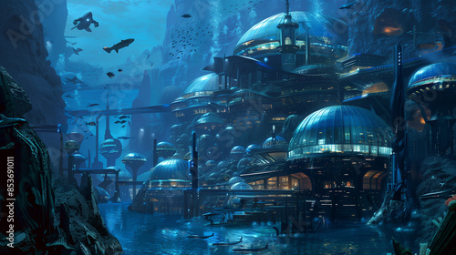 Fototapeta Naklejka Na Ścianę i Meble -  A stunning futuristic underwater city with expansive glass domes, vibrant sea life swirling around, and sleek submarines gliding through the depths.
