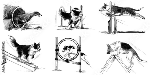 Photos dogs graphic sketch set at agility sports competitions