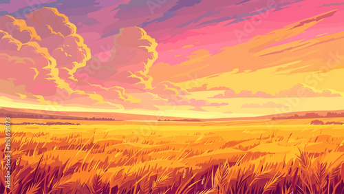 Cartoon sunset over a field of wheat with the sky of orange and pink colours background. Golden Hour Nature Beauty Agriculture Harvesting Season Outdoor Scene Tranquil Setting