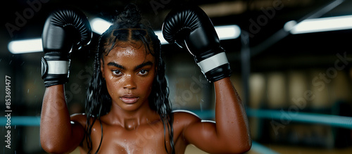 Young black woman without clothes with boxing gloves raised