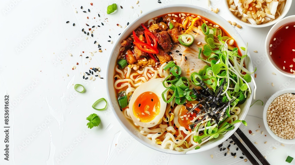 A delicious bowl of ramen, with all the traditional toppings: noodles, pork, egg, and vegetables. The perfect comfort food for a cold winter day. A delicious bowl of ramen, with all the traditional toppings: noodles, pork, egg, and vegetables. The perfect comfort food for a cold winter day.