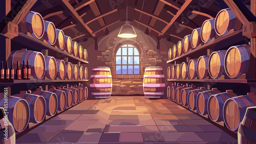Cartoon wine warehouse with wine barrels background. Wine Cellar Storage Barrels Wooden Barrels Bottled Racks Shelving Rustic Warehouse Vintage Winery Interior Beverage