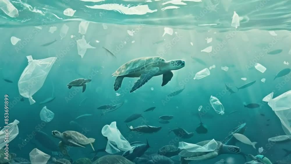 turtle swimming in the ocean full of marine debris plastic, ocean plastic pollution. turtle swimming in the ocean full of marine debris plastic, ocean plastic pollution.