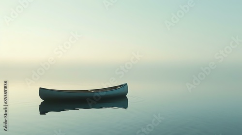 The image is of a canoe on a misty lake. The water is calm and still, and the canoe is floating peacefully.