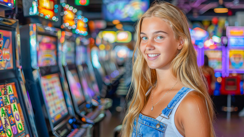 Young woman is smiling and playing on slot machine in casino © João Macedo