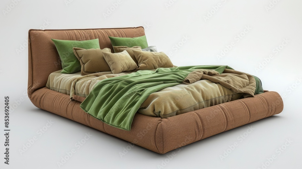 Obraz premium 3D Rendering Of Brown And Green Fabric Double Bed, Isolated On A White Background, High Quality, HD
