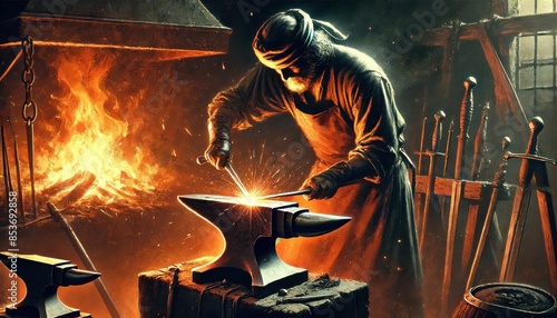 Blacksmith at Work: Crafting a Glowing Sword in a Fiery Forge, Surrounded by Tools and Weapons, Illuminated by the Intense Glow of the Fire in a Rustic Workshop, 300dpi Commercial Use

 photo