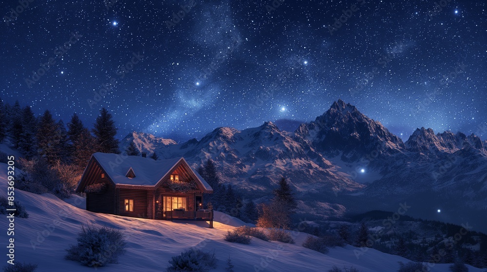 Fototapeta premium Cozy Mountain Cabin Under Starry Night Sky in Snowy Winter Landscape