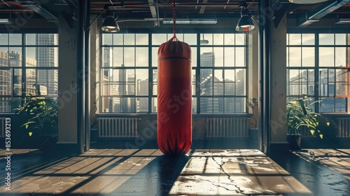 A red punching bag hanging in the center of a room with large windows. photo