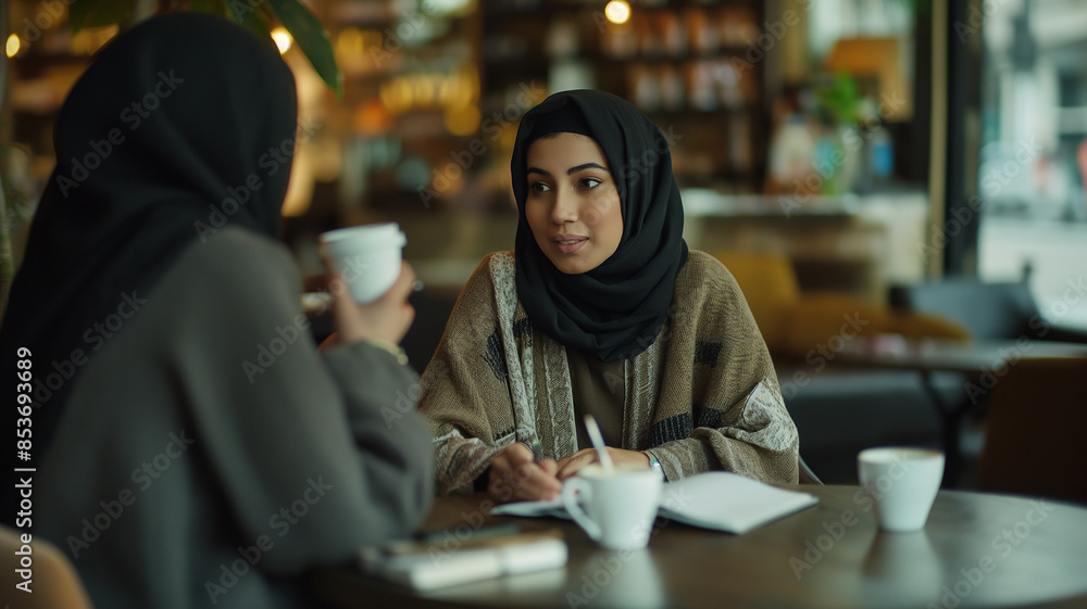 Hijabi Woman Socializing with Friends at a Café: Modern Muslim Life Hijabi Woman Socializing with Friends at a Café: Modern Muslim Life
