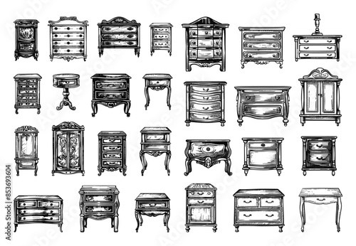 Engraving Style Different Kinds of Antique Cabinets and Nightstands Icons Set. Hand Drawn Simple Style Black Icons on White Background Vintage Furniture Drawings Retro Home Decor