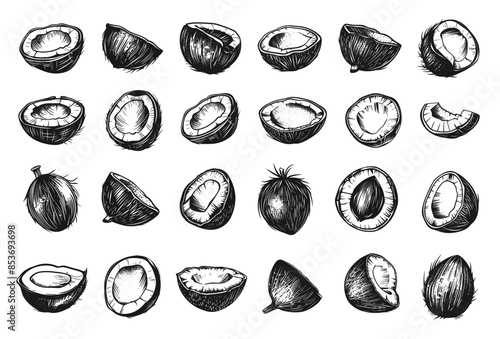 Engraving Style Different Sides of the Coconut Icons Set. Hand Drawn Simple Style Black Icons on White Background Tropical Fruit Coconut Shell Sections Natural Ingredient