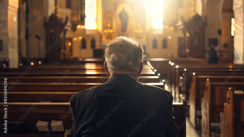 A man sitting on a bench inside a church.