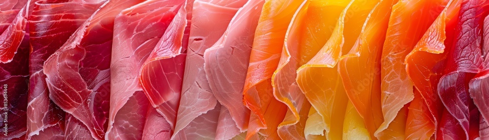 Gourmet Rainbow: Vibrant Slices of Ham in Photorealistic Presentation Gourmet Rainbow: Vibrant Slices of Ham in Photorealistic Presentation