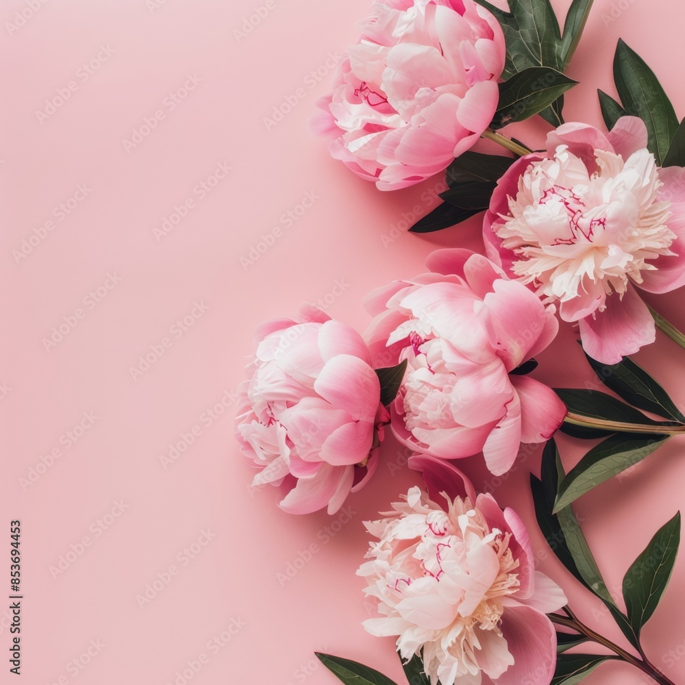 Pink peonies with petals scattered on a matching background Pink peonies with petals scattered on a matching background