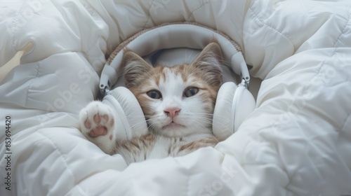 Super cute kitten in fluffy headphones, lying in a soft pillow bed, eyes glued to the TV screen, cozy and heartwarming scene photo