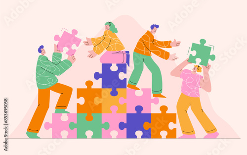 Illustration of diverse team collaboratively assembling large puzzle pieces, symbolizing teamwork, cooperation and problem solving vector