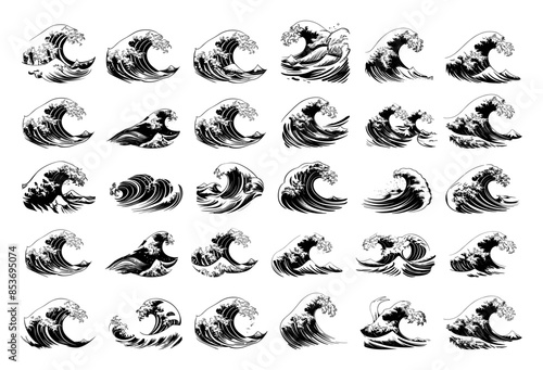 Engraving Style Sea Waves Icons Set. Hand Drawn Simple Style Black Icons on White Background Ocean Waves Illustrations Water Ripples Nature Elements Collection Vector Clipart