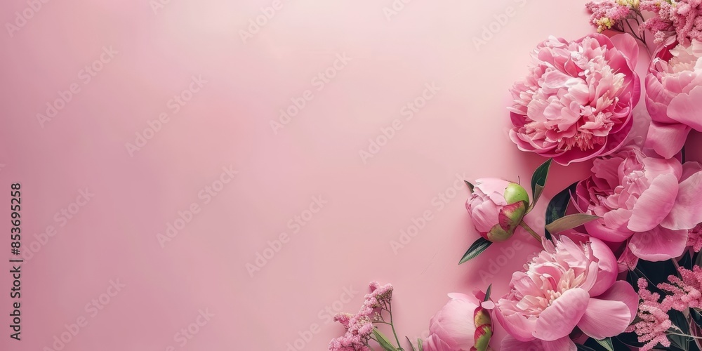 Pink peonies with petals scattered on a matching background Pink peonies with petals scattered on a matching background