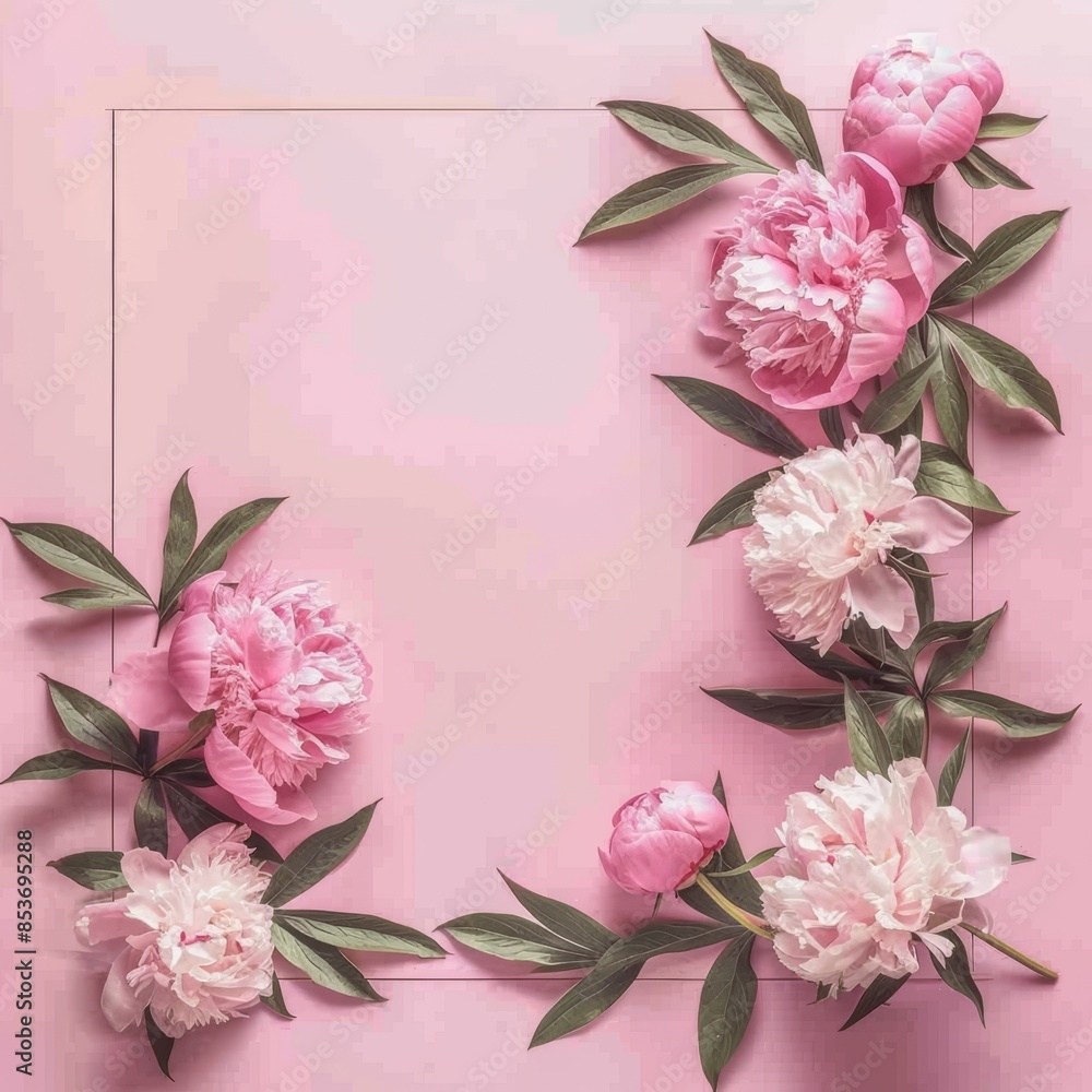 Pink peonies with petals scattered on a matching background Pink peonies with petals scattered on a matching background