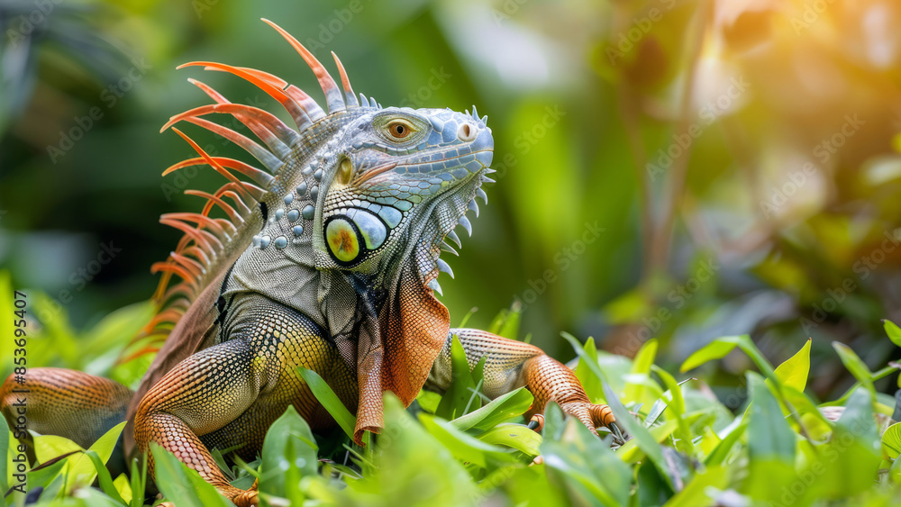 A vibrant iguana basks in the tropical foliage, showcasing its colorful scales and striking features in the warm sunlight.
A vibrant iguana basks in the tropical foliage, showcasing its colorful scales and striking features in the warm sunlight.