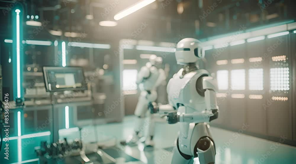 A robot in a futuristic lab, surrounded by glowing screens and gadgets, testing its strength by lifting heavy weights A robot in a futuristic lab, surrounded by glowing screens and gadgets, testing its strength by lifting heavy weights