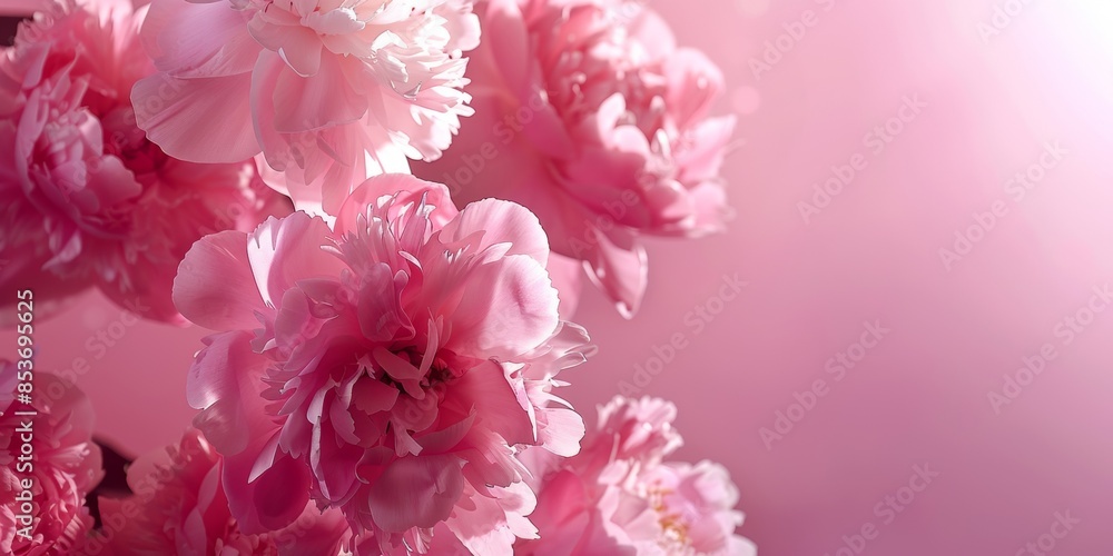 Pink peonies with petals scattered on a matching background Pink peonies with petals scattered on a matching background