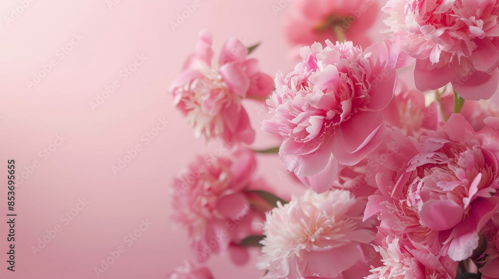 Pink peonies with petals scattered on a matching background Pink peonies with petals scattered on a matching background